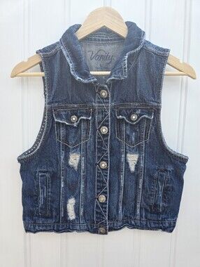 Vanity Distressed Blue Denim Vest Polka Dots Womens Large